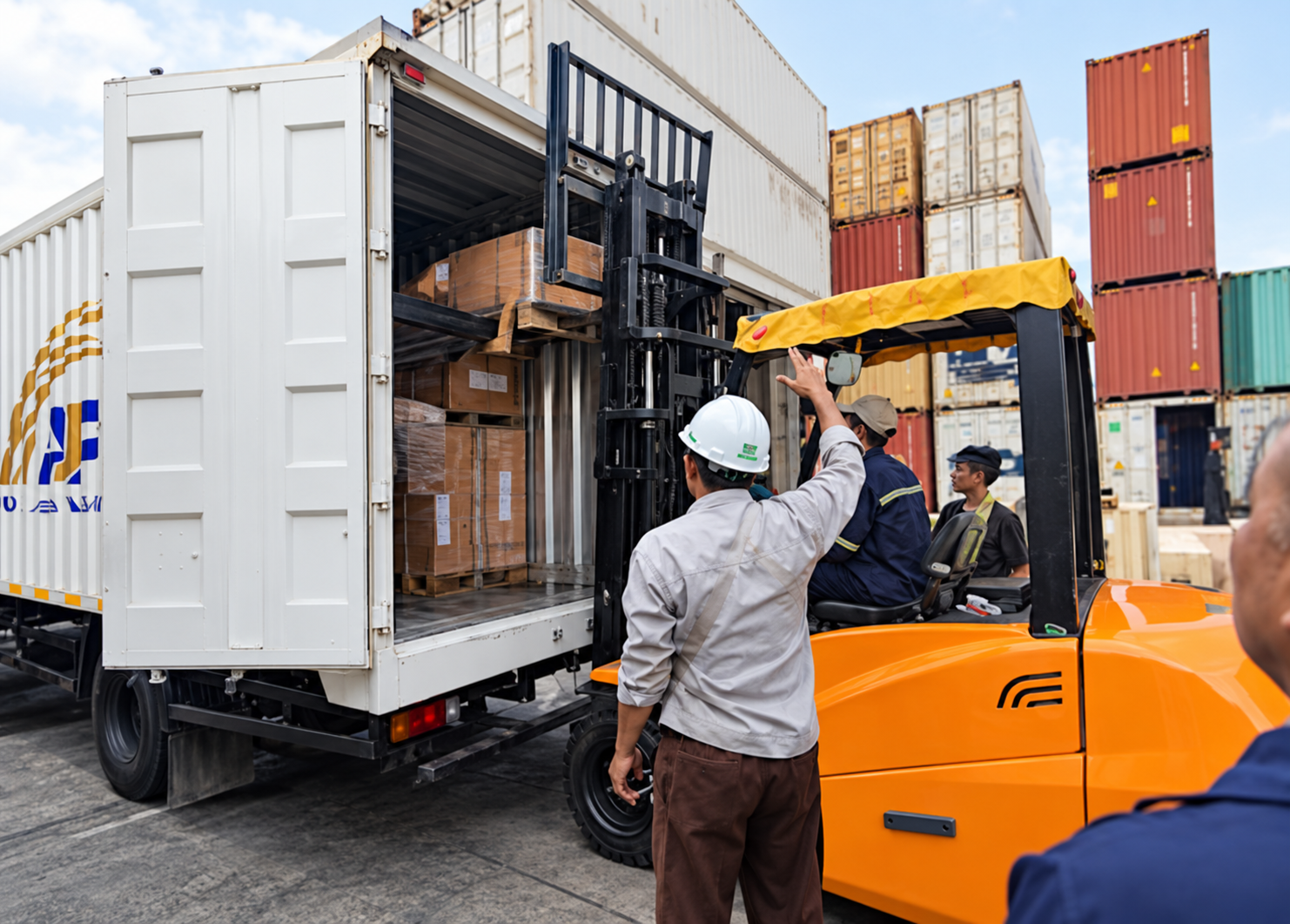 Forklift memuat barang ke dalam armada truk